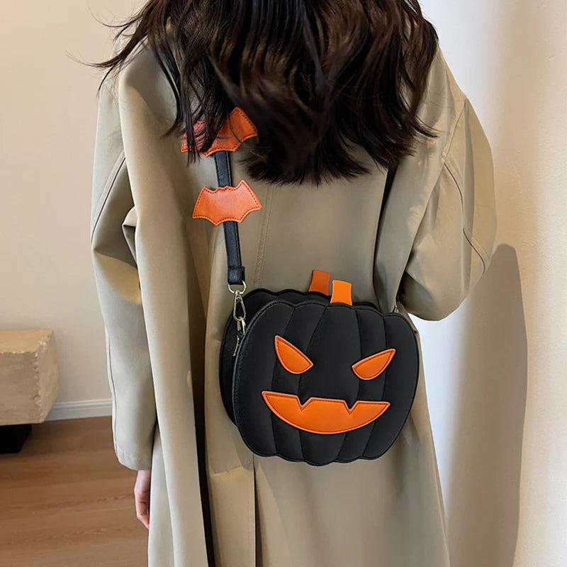 NEW Halloween Bags Funny Pumpkin Cartoon Shoulder Crossbody Bag with Bat Personalized