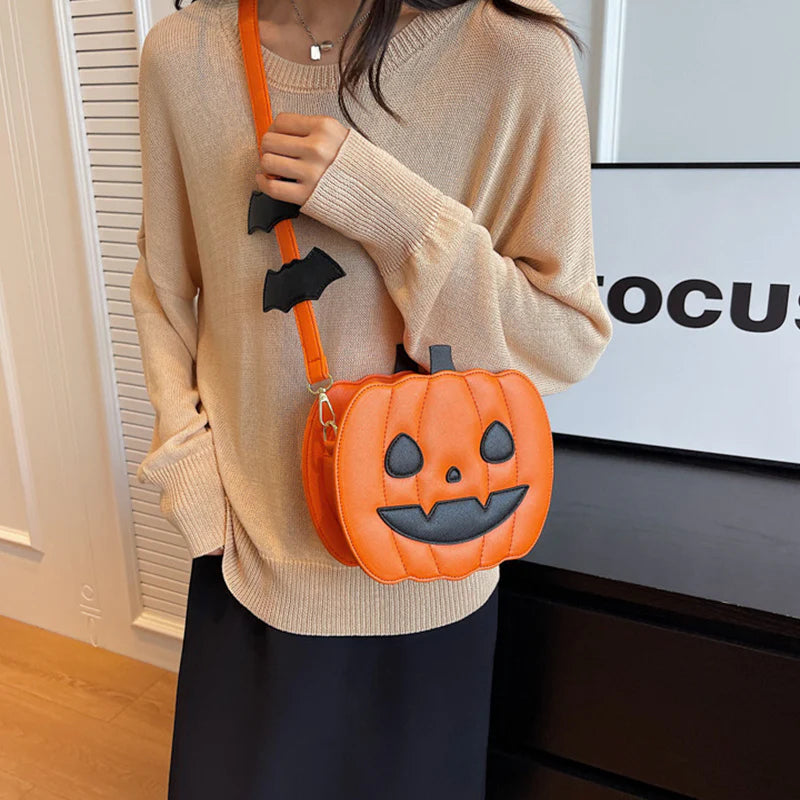 NEW Halloween Bags Funny Pumpkin Cartoon Shoulder Crossbody Bag with Bat Personalized