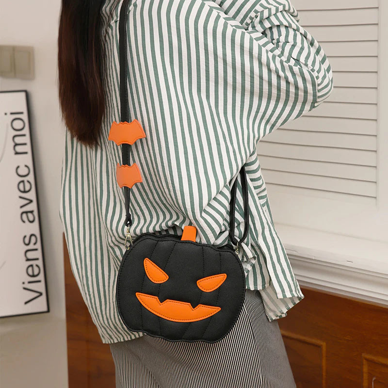 NEW Halloween Bags Funny Pumpkin Cartoon Shoulder Crossbody Bag with Bat Personalized